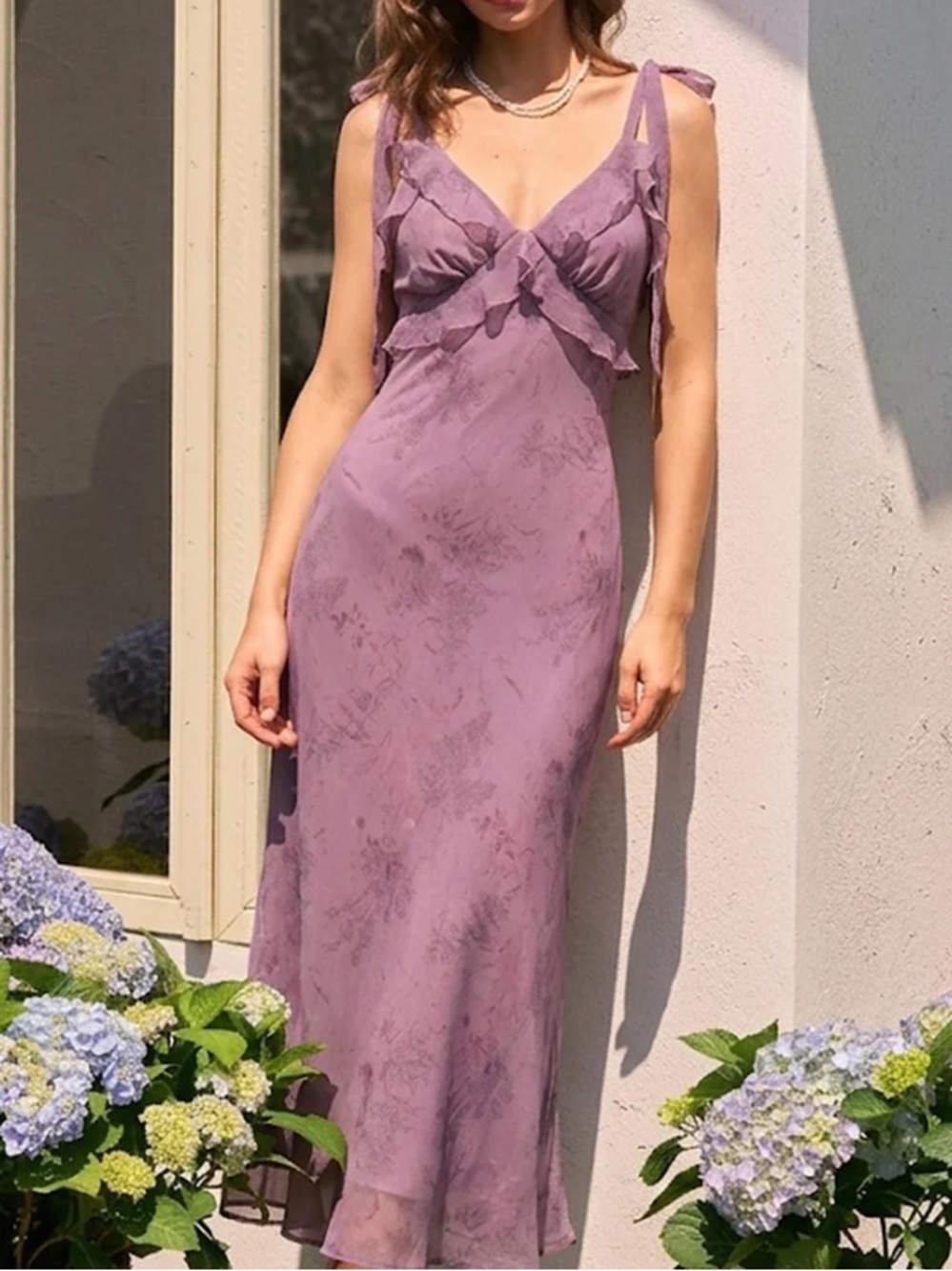 Rihoas Purple Floral Ruffle Tie Strap Midi Dress Sz XL NWT